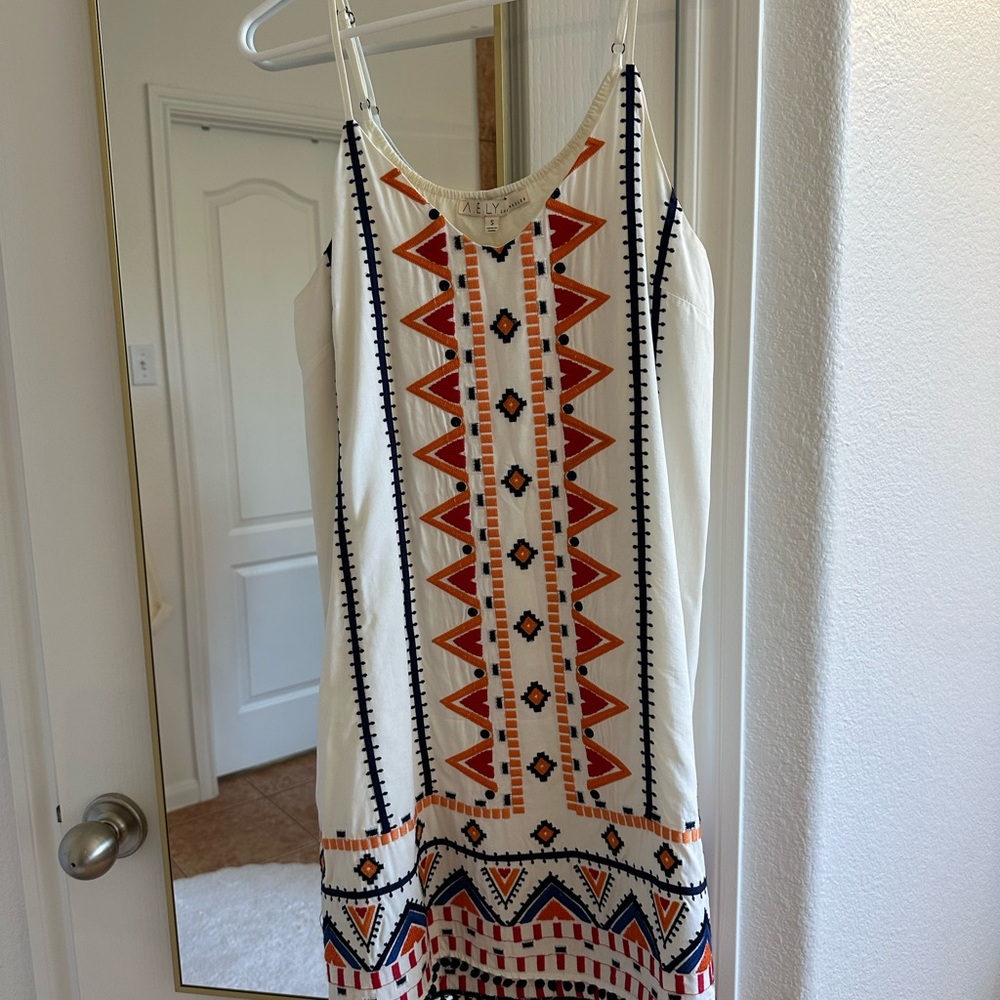 Cream Tribal Embroidered Spaghetti Strap Mini Sundress